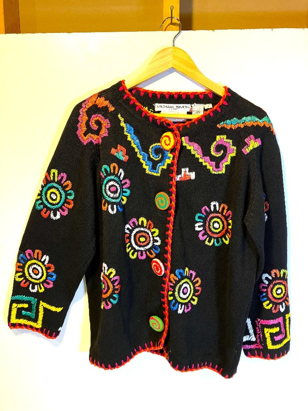 Vintage MICHAEL SIMON Black/Neon Color Knit Cardigan Embroidered Sweater. Size M